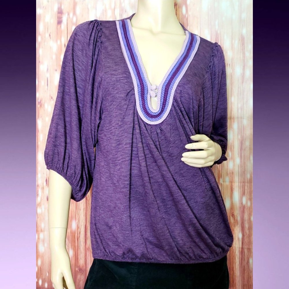 Queen Esther Boho Crochet Neckline Purple Peasant Sleeve Top Blouse Medium M